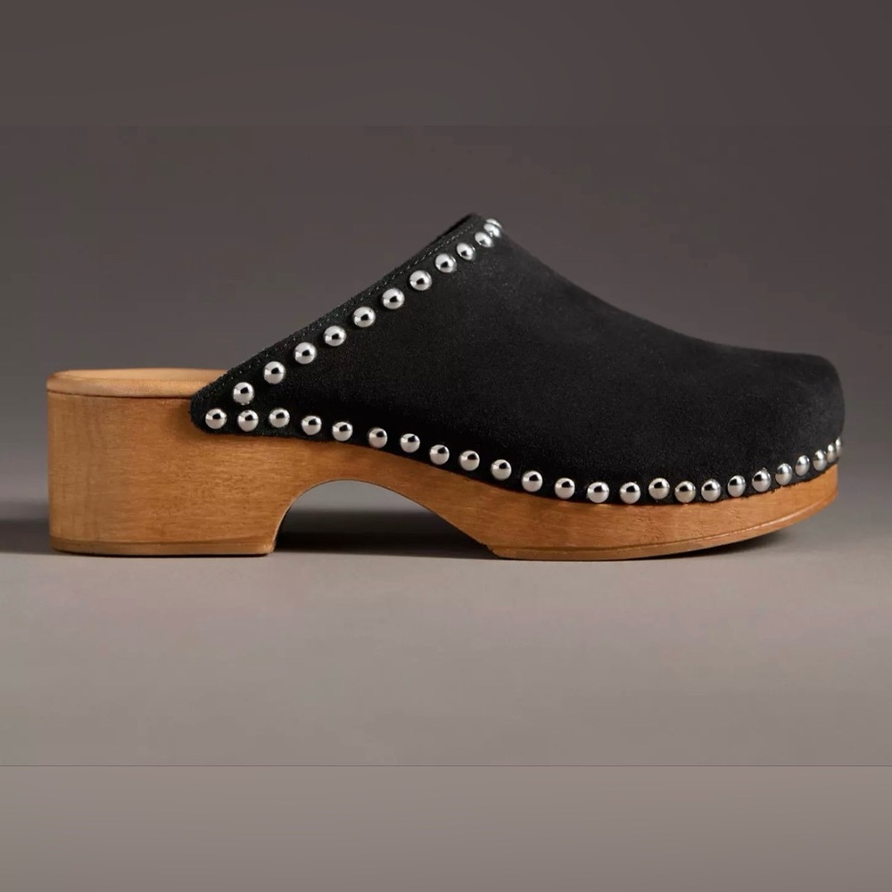 Black Studded Suede Platform Clog Mule